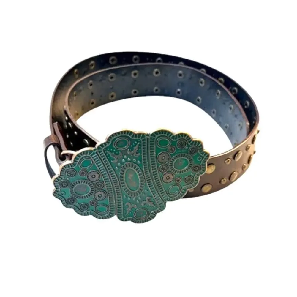 Vintage Brown Leather Studded Belt w/ Green Ornate Buckle | Boho Western